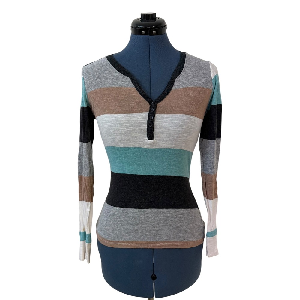 Vtg Rue 21 Y2K Rugby Stripe Longsleeve Slub Henley Top Grunge Elena Gilbert M